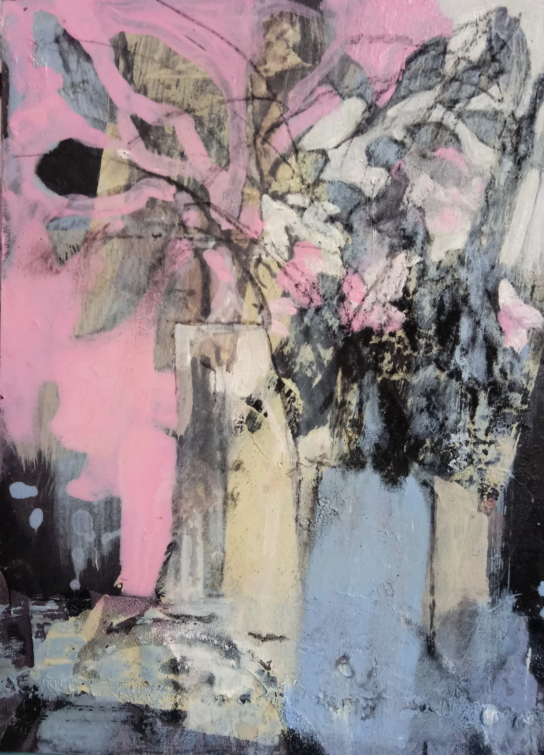 A loosely drawn bouquet in a pale vase against pink, black and grey patches.
