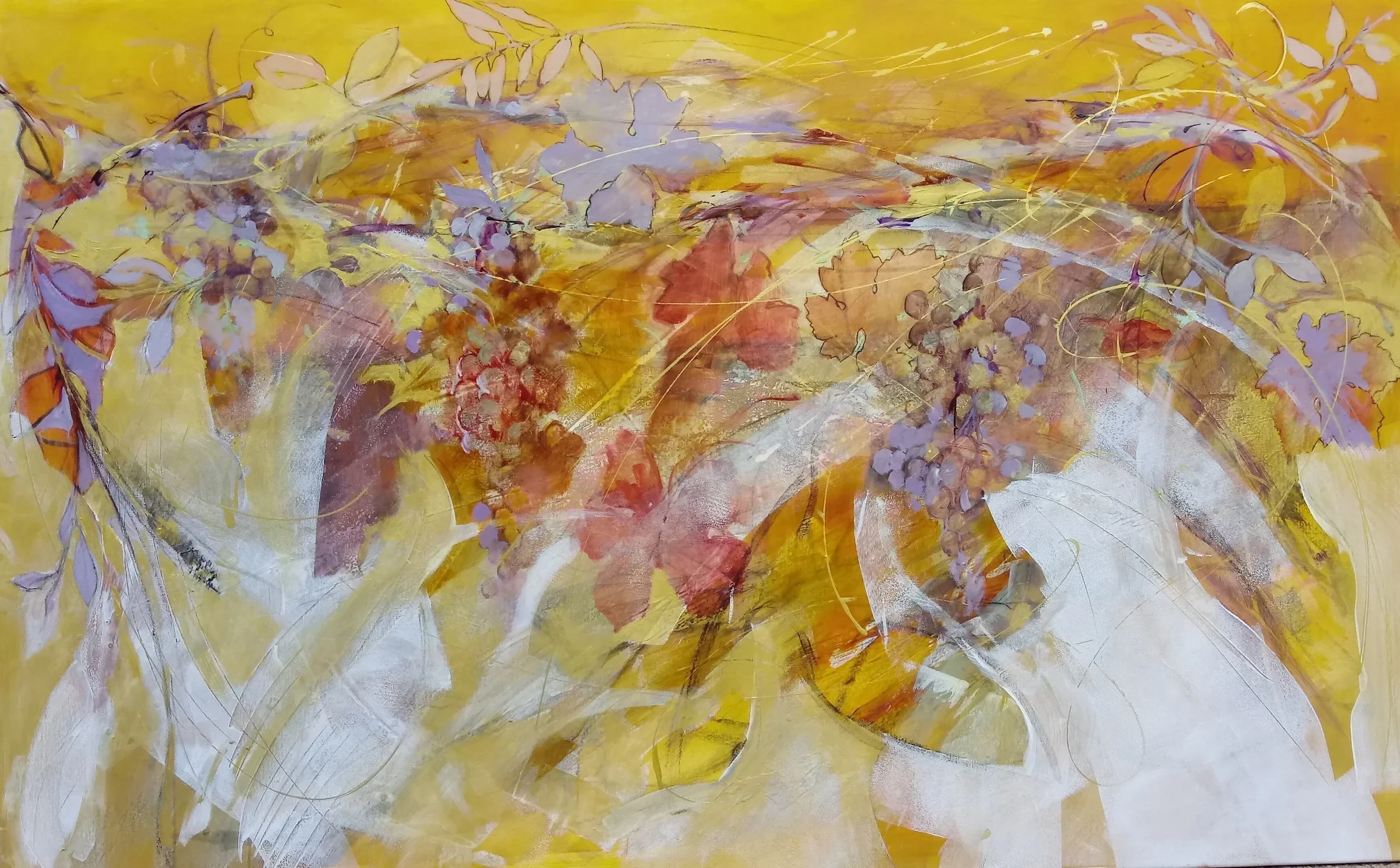 A wide composition of loose botanical shapes and sweeping white marks across yellow and orange.