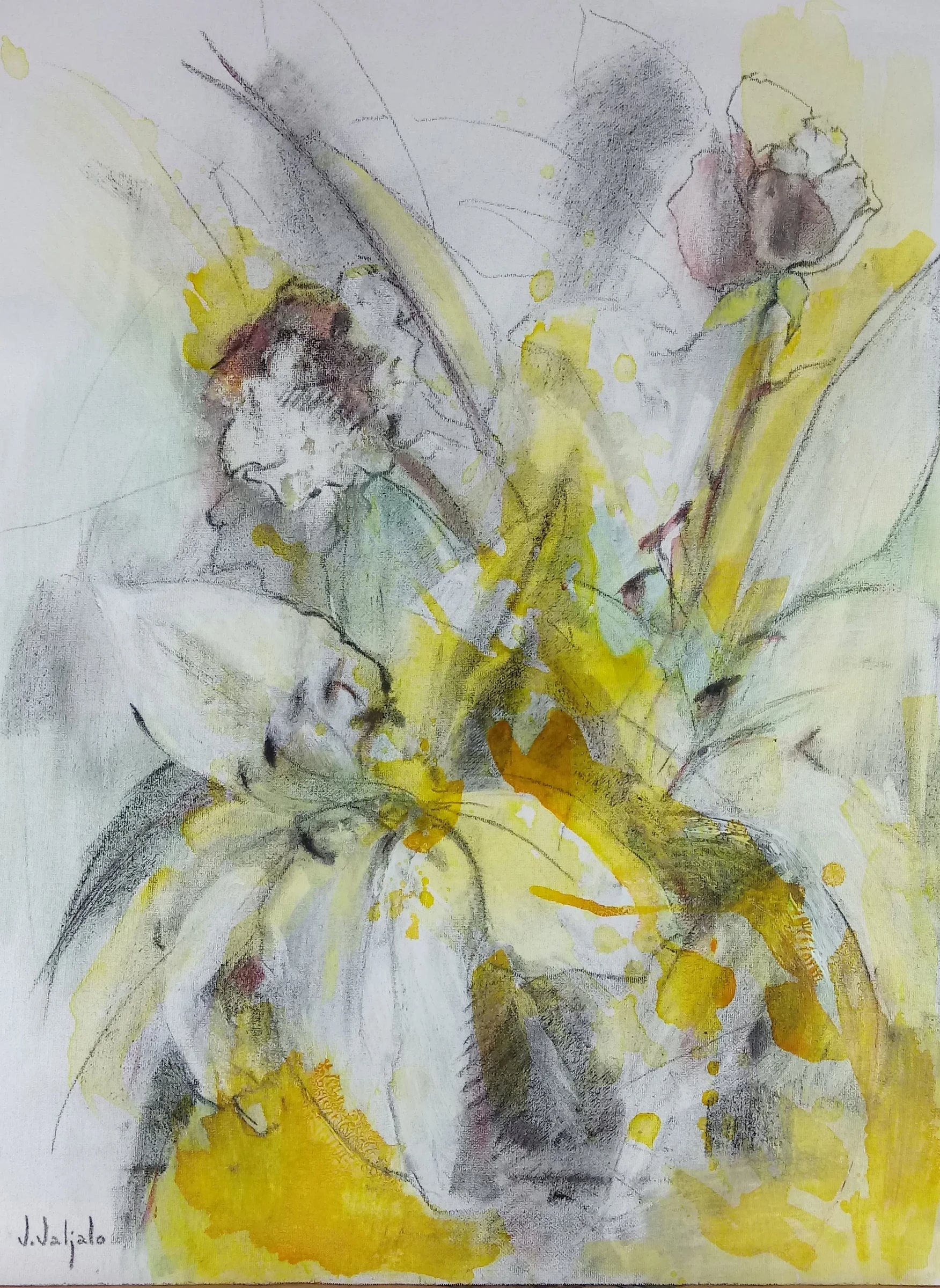 Loosely drawn flowers and leaves over bright yellow and pale blue patches.