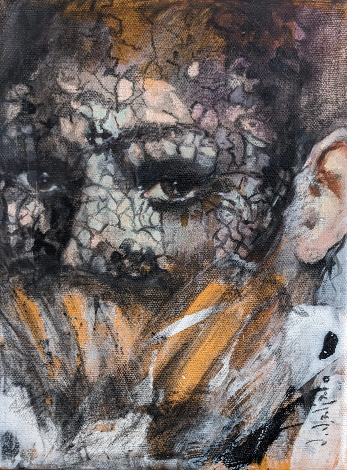 A close view of a woman’s eye, overlaid with dark floral outlines and ochre marks.