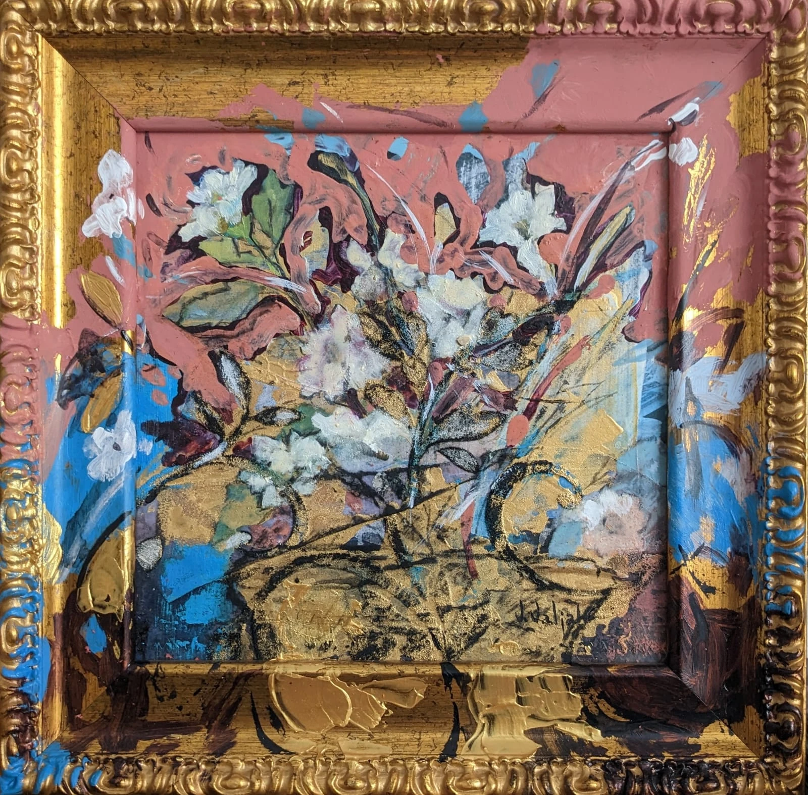 An exuberant floral arrangement on pink and blue, with painted marks extending onto an ornate gold frame.