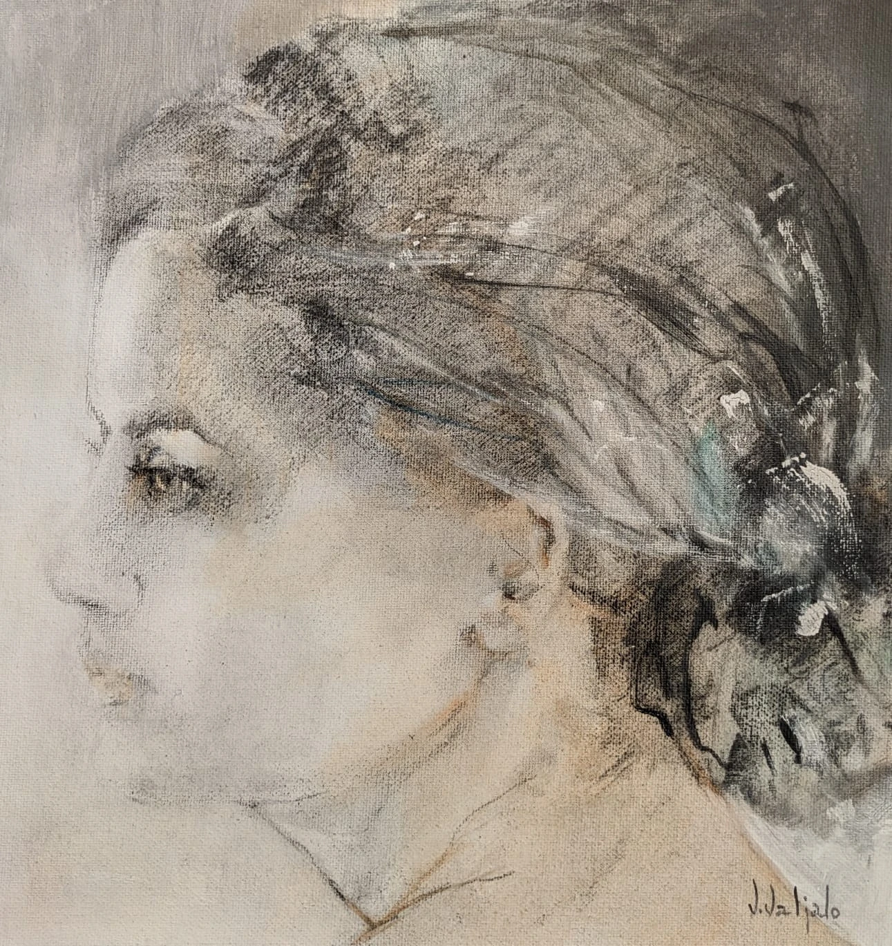 A woman in left profile, her swept-back hair and face softly drawn in grey and cream.
