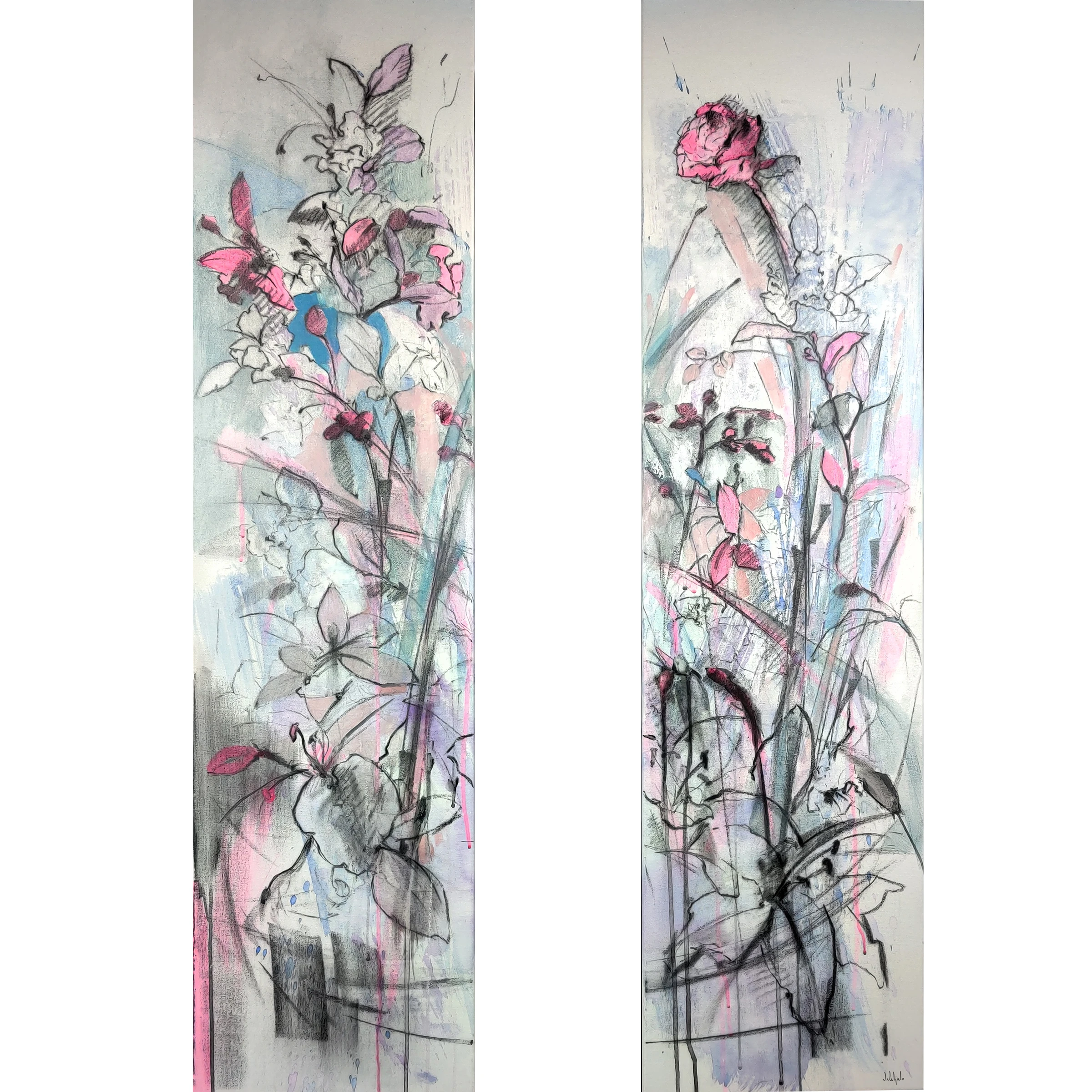 Two tall, narrow panels of delicate black stems, pale leaves and pink flowers.