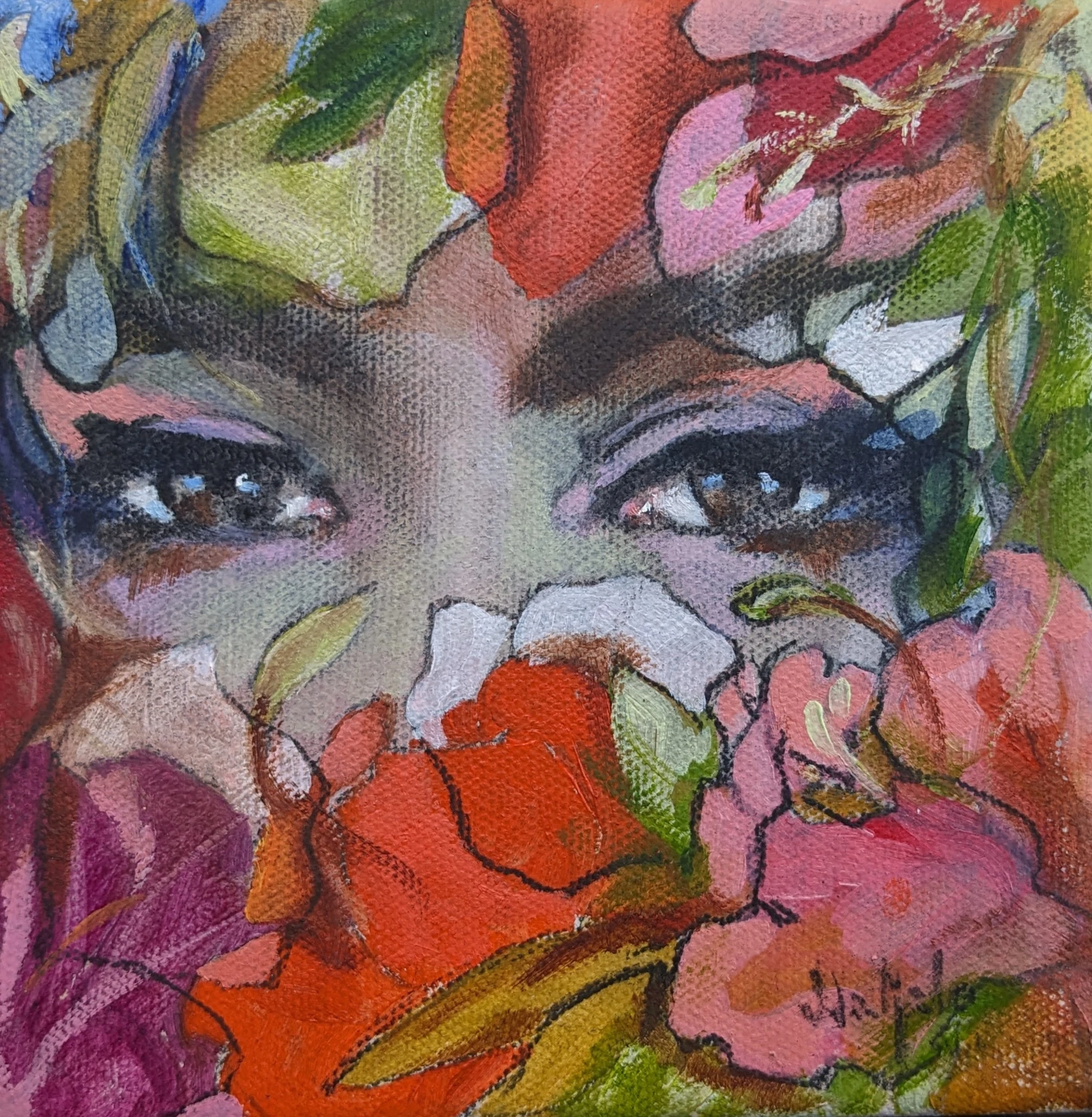 A woman’s eyes surrounded by overlapping red, pink, green and yellow floral shapes.
