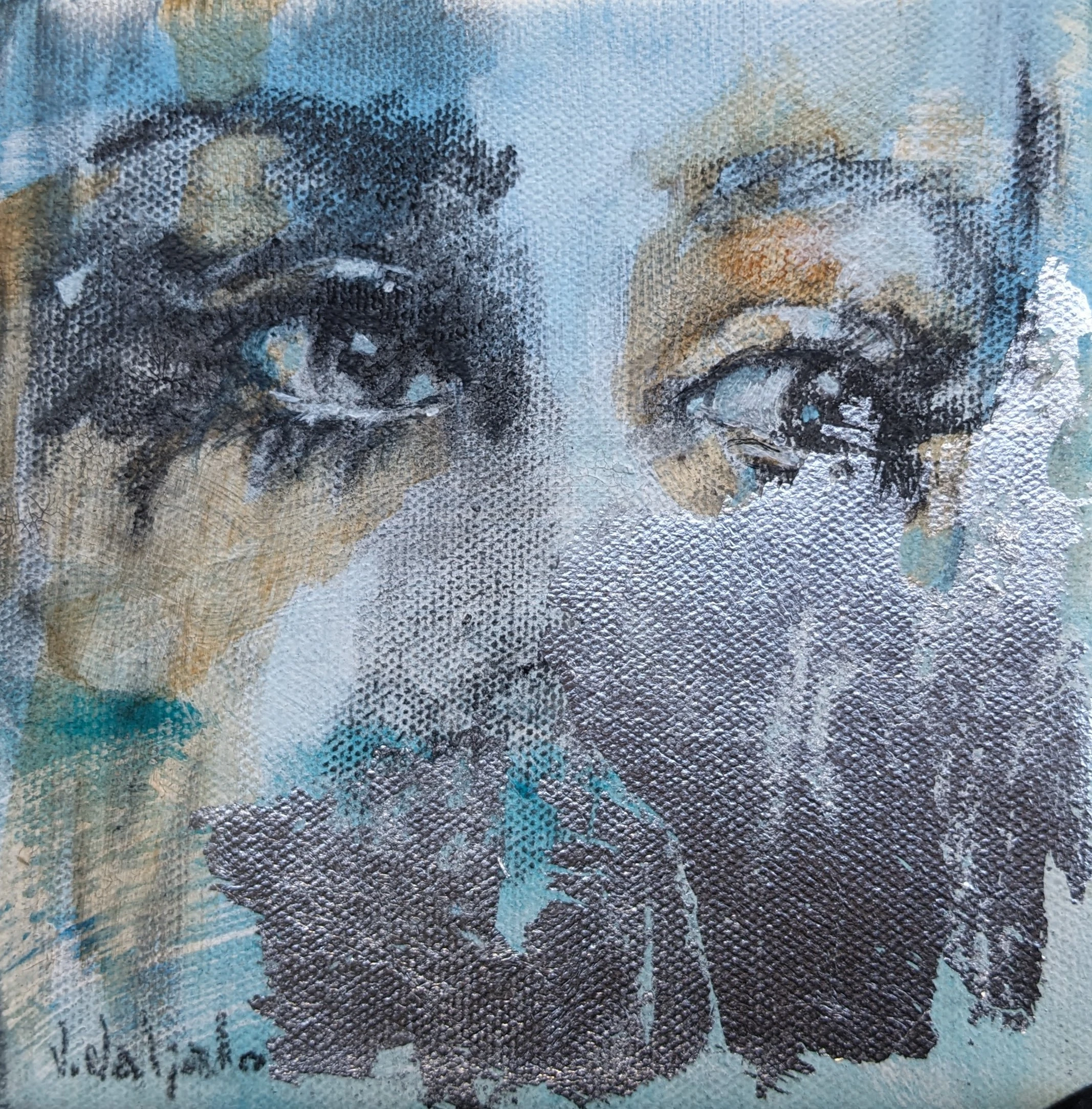 A woman’s eyes emerging through grey, blue and black patches of colour.