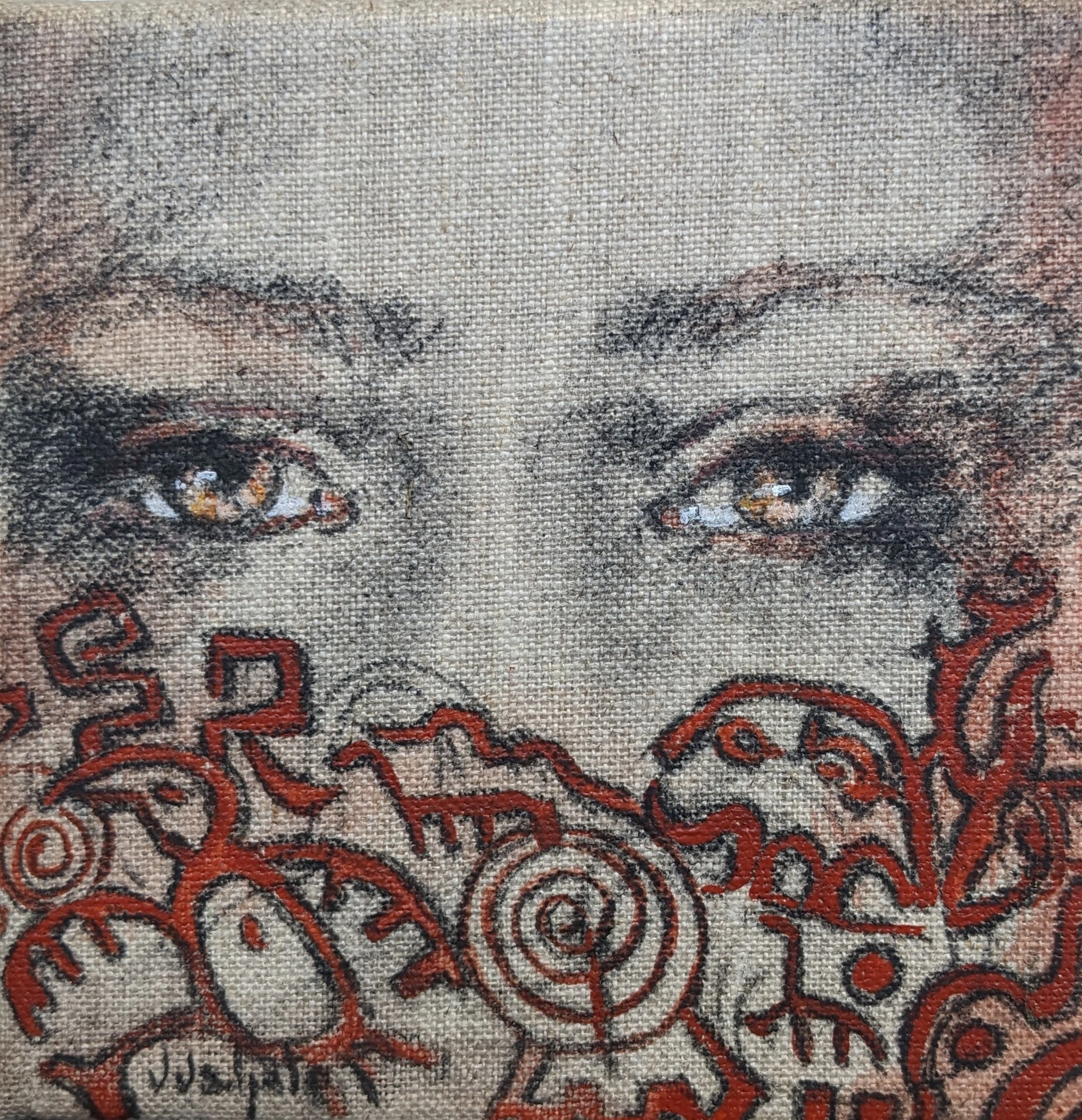 A woman’s eyes above a band of intricate red linework on a grey ground.