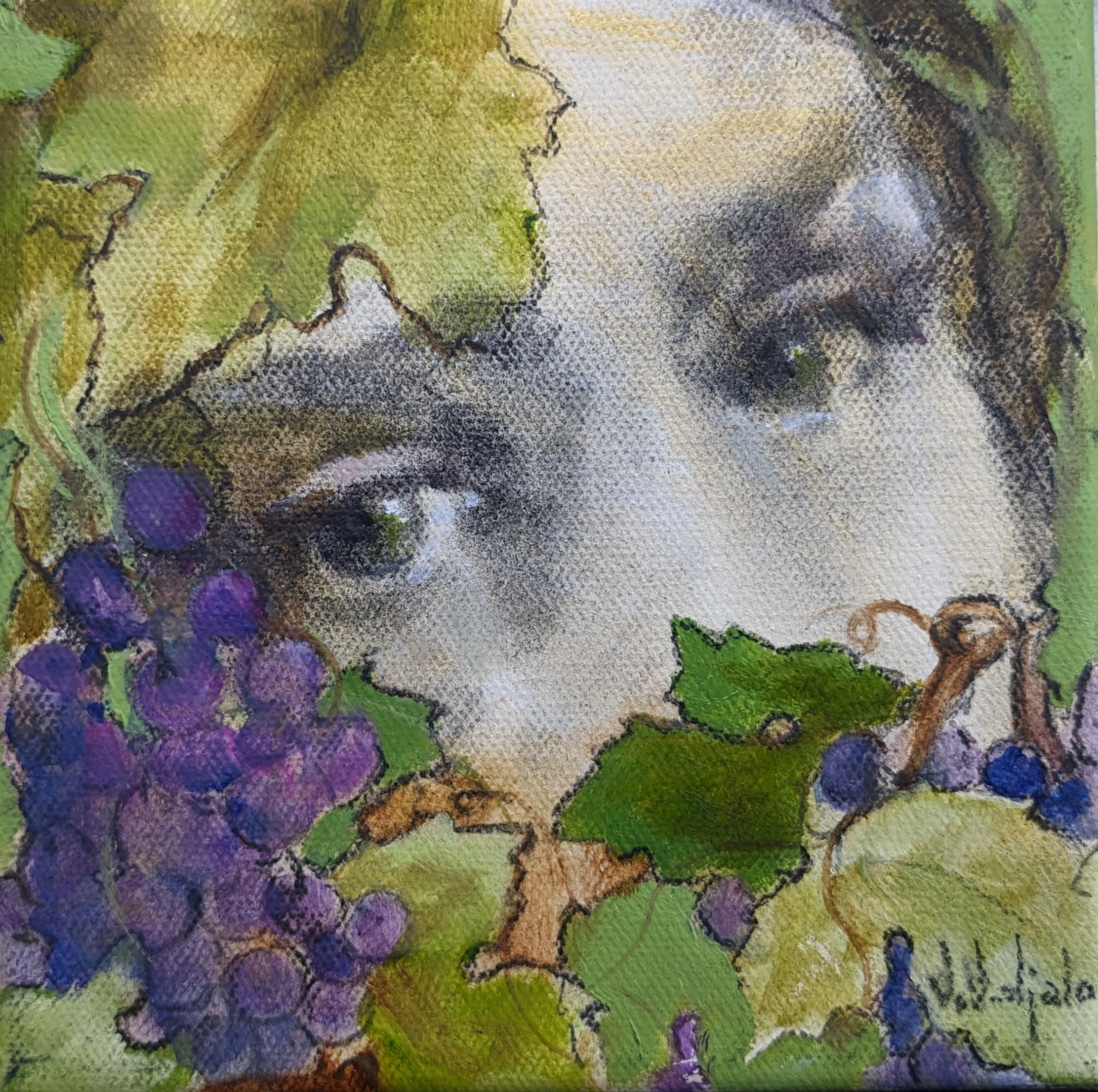 A woman’s face partly covered by green leaves and clusters of purple fruit.