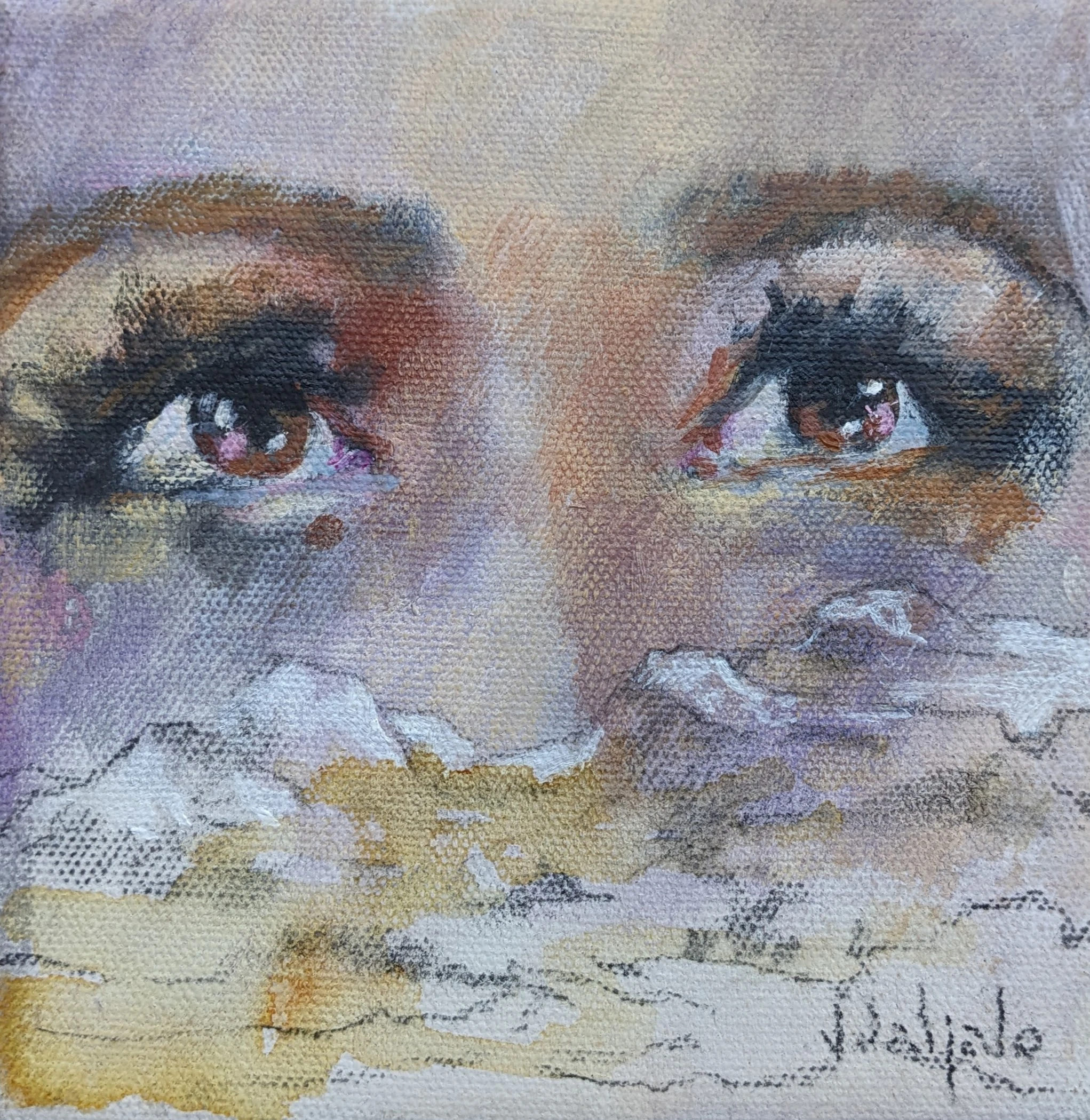 A woman’s eyes above layered pale blue, cream and grey marks.