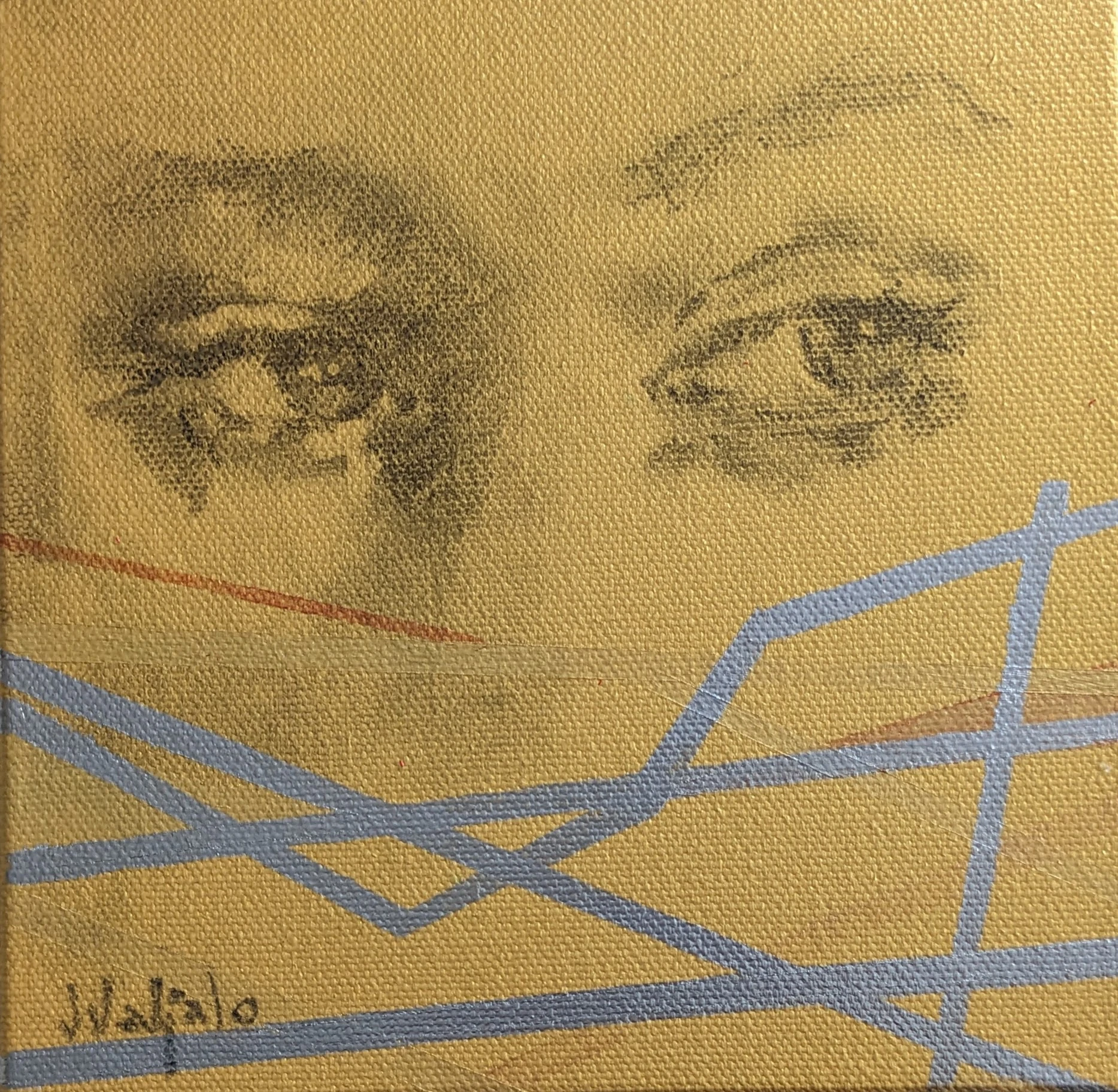 Two drawn eyes on an ochre ground crossed by angular blue lines.