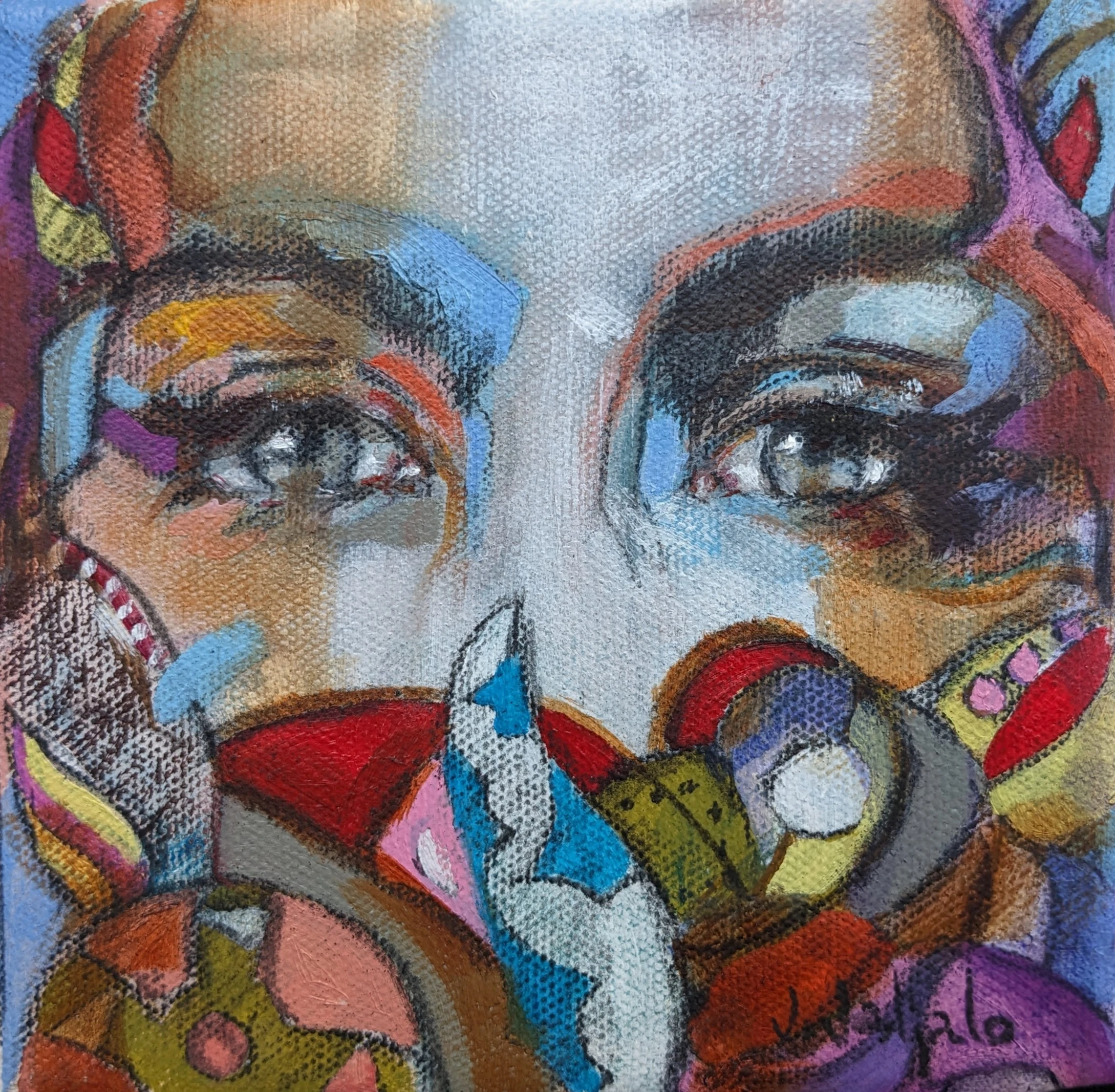 A woman’s eyes surrounded by bold red, blue, green and orange abstract shapes.