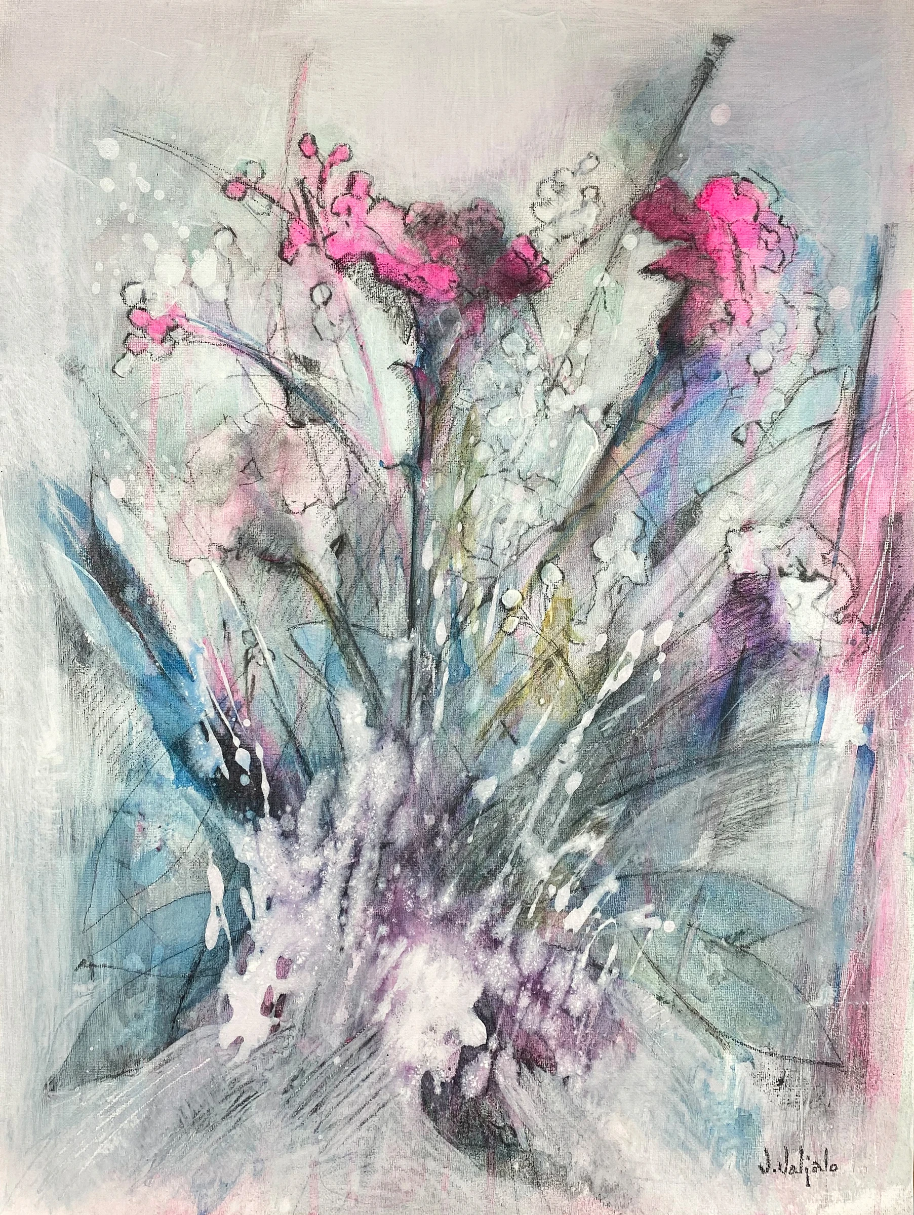 Pink blossoms and sweeping dark stems with turquoise, grey and white marks.