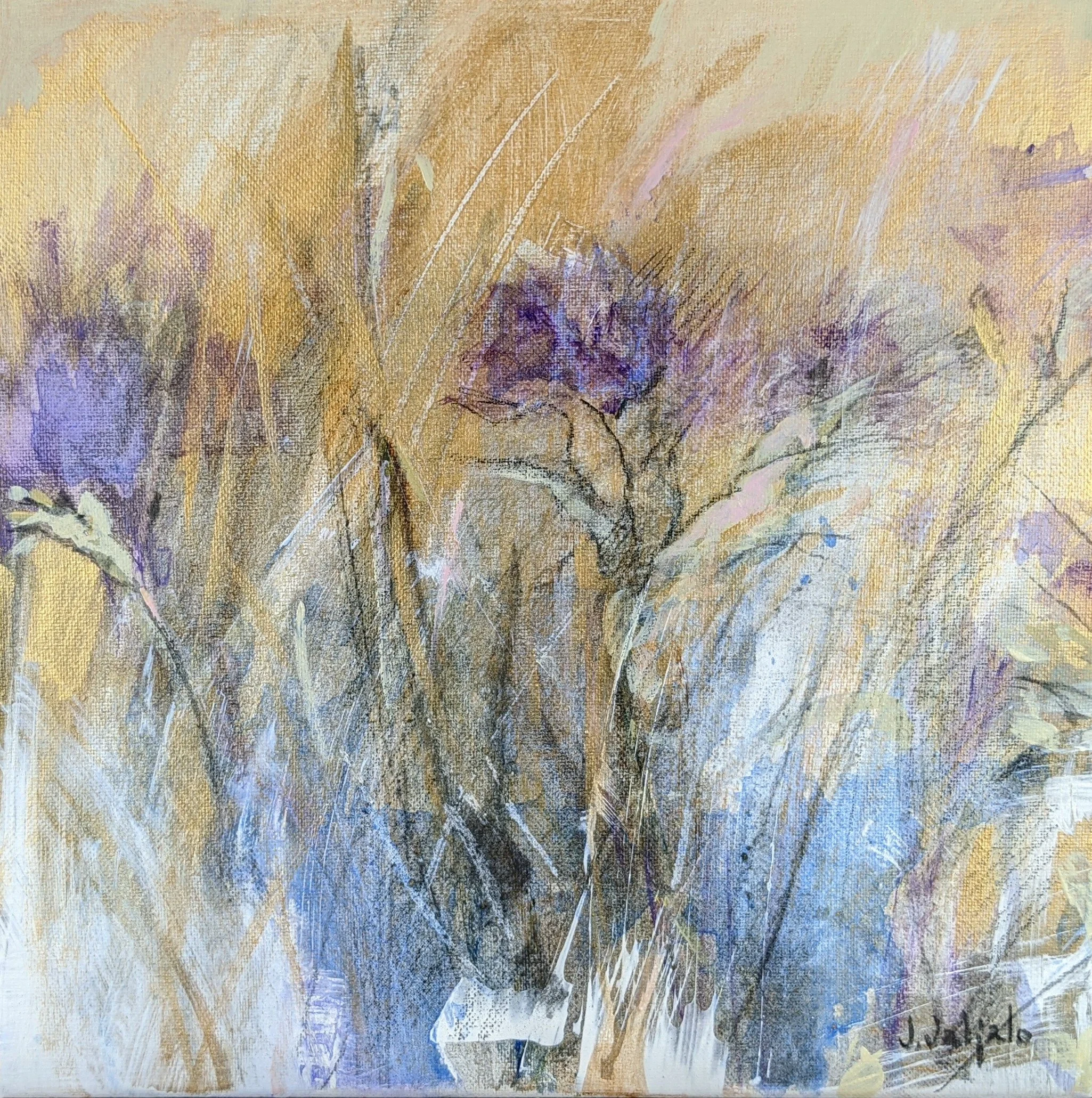 Purple flowers on thin stems against pale yellow, blue and white layers.