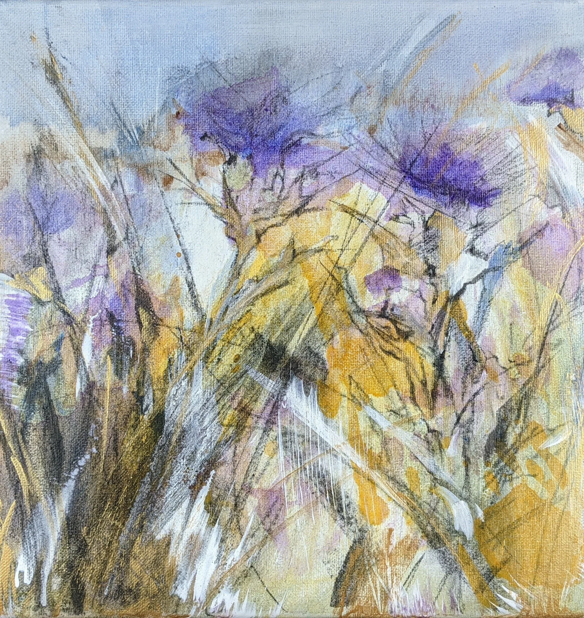 Purple flowers and long stems crossing a pale blue and yellow ground.