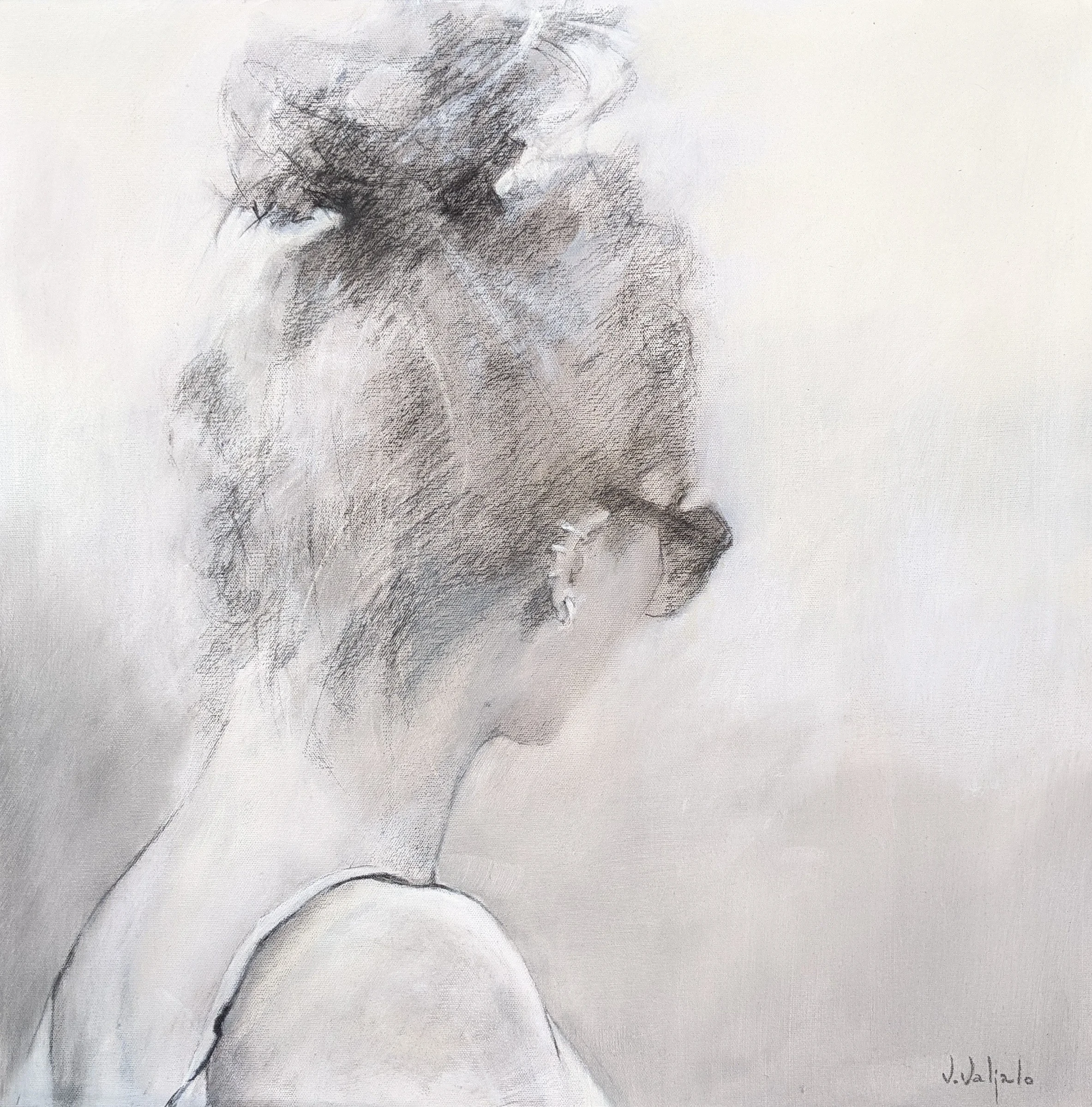A loosely drawn woman with a high bun, her head turned right against a white ground.