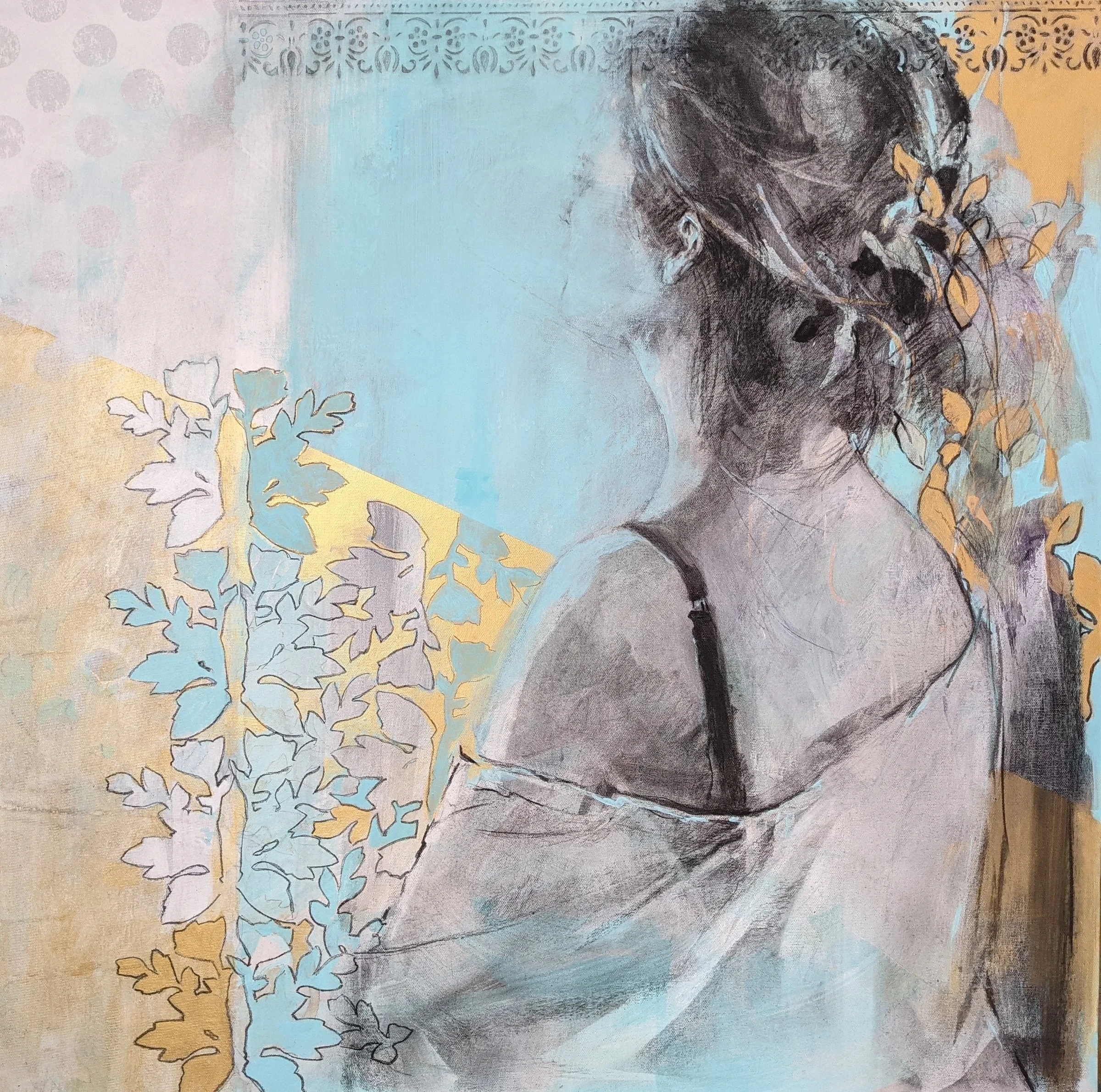 A woman’s back and shoulder, crossed by delicate flowers against pale blue and yellow.