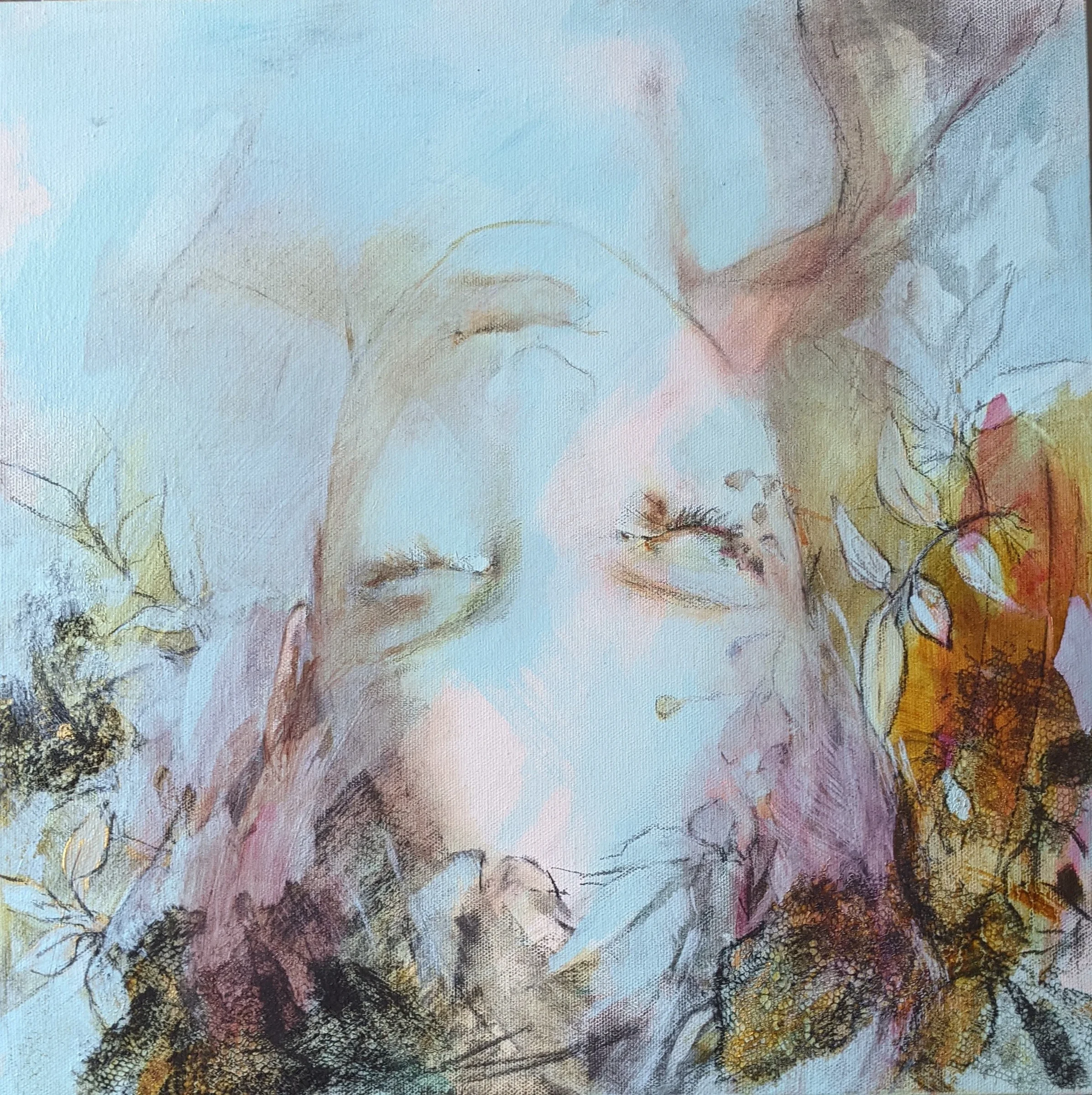 A pale female face with closed eyes emerging through light blue, pink and botanical forms.
