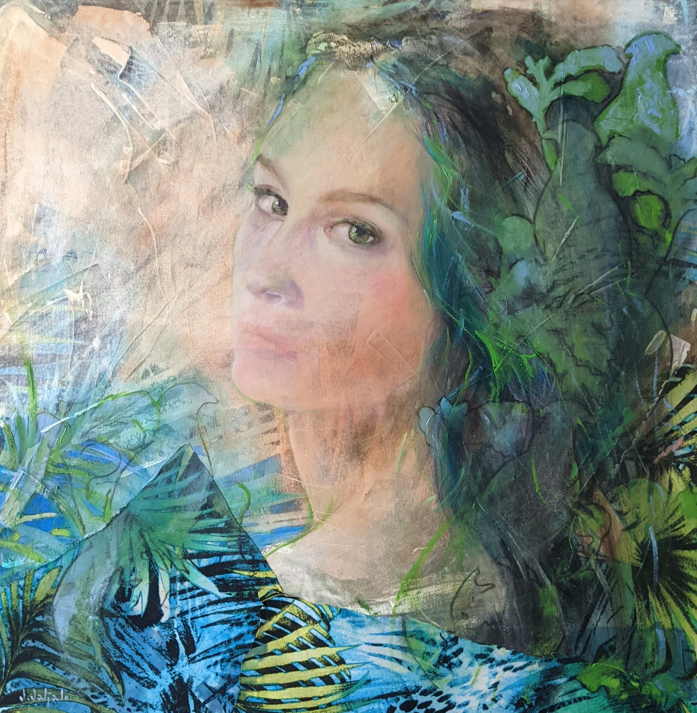 A woman looking over her shoulder through layered green leaves and blue marks.