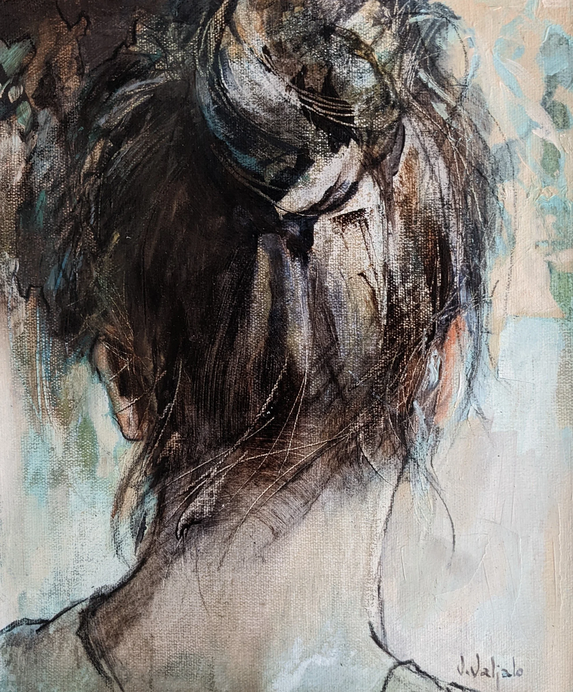 The back of a woman’s head, dark hair gathered up against a pale blue ground.