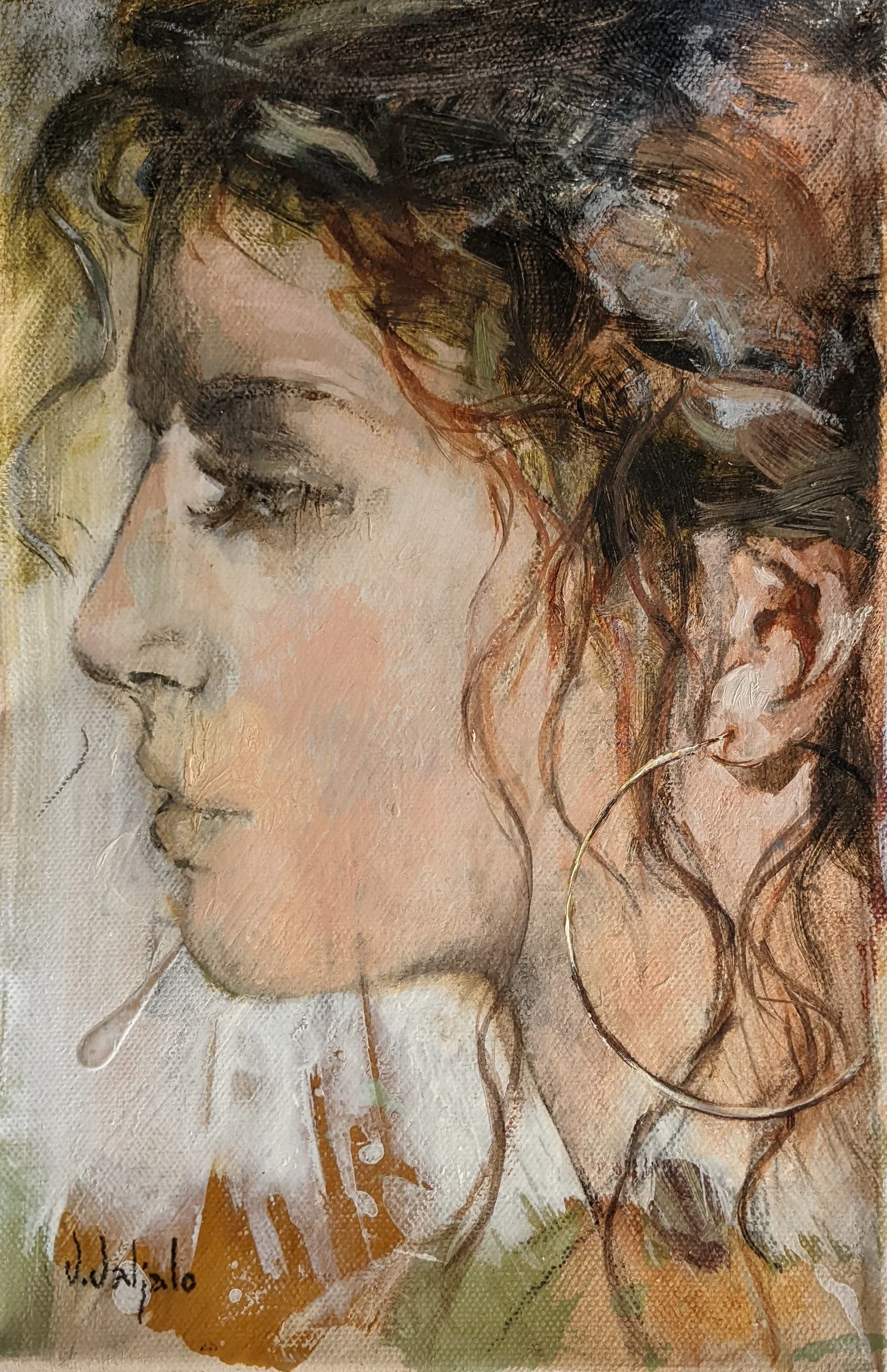 A woman in left profile with loosely tied brown hair and warm ochre marks below her neck.