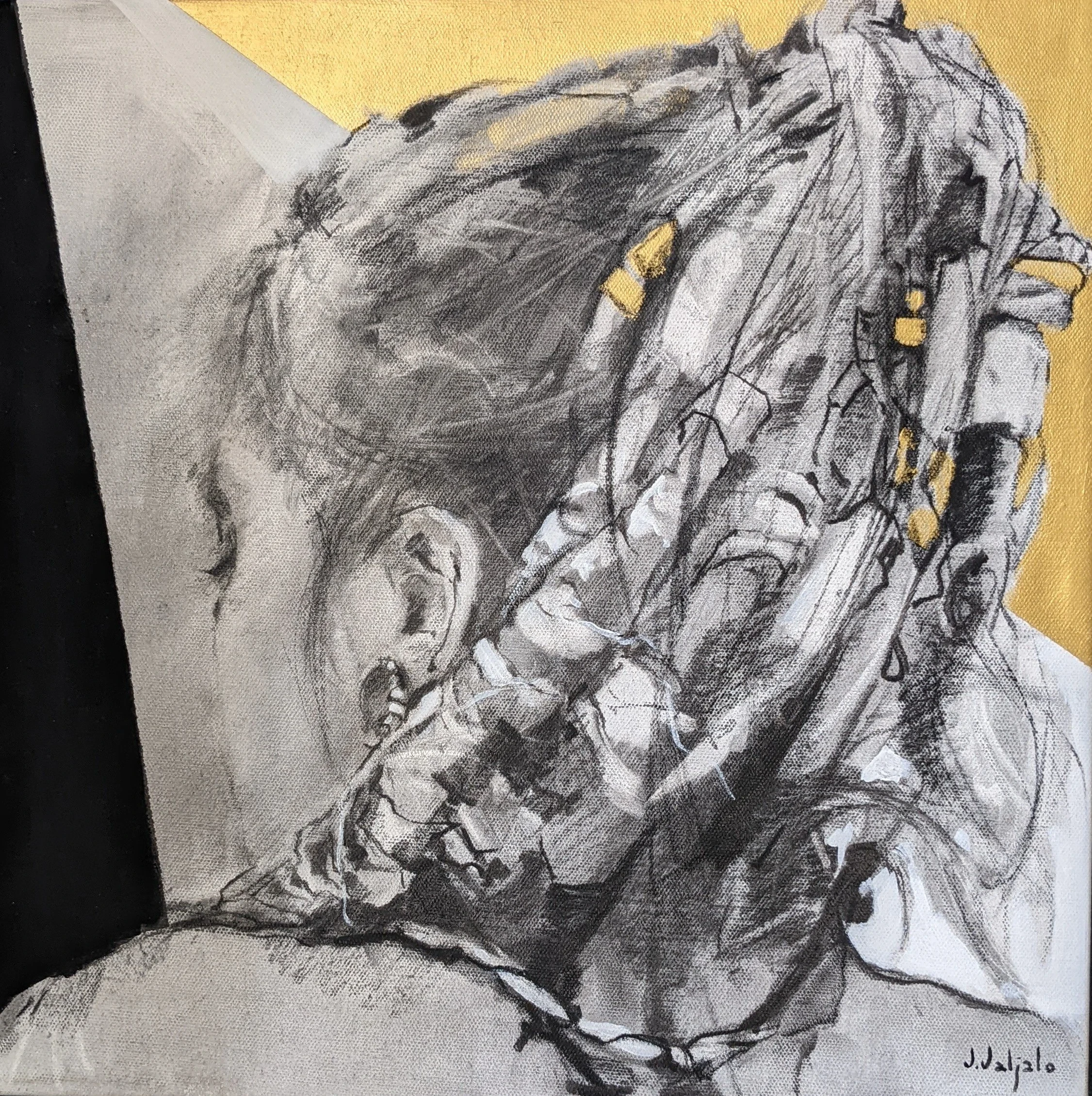 A woman in left profile, with dark botanical outlines across her tied-back hair and a yellow ground.