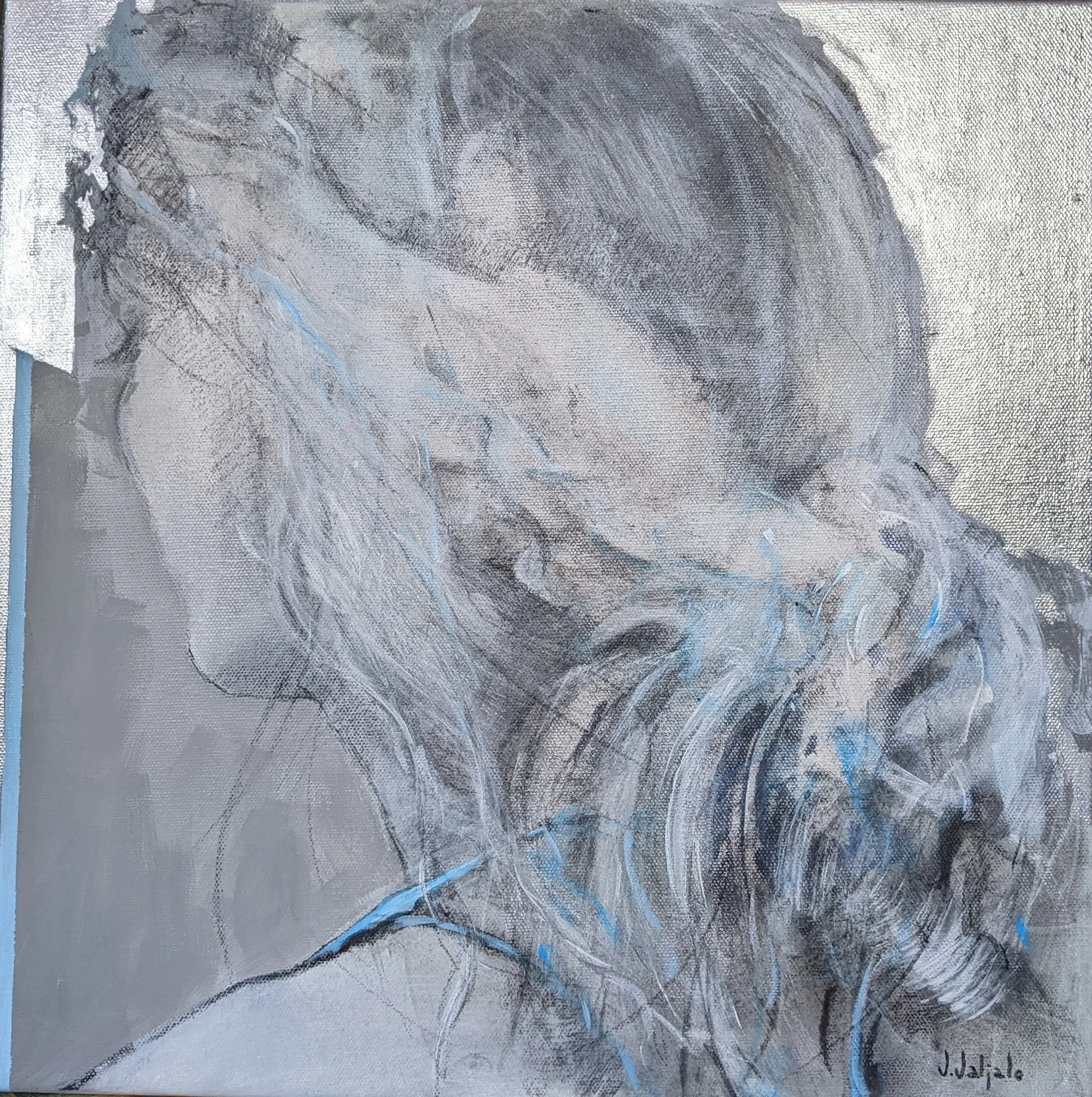 The back of a woman’s head with a loose ponytail and overlapping grey and blue marks.