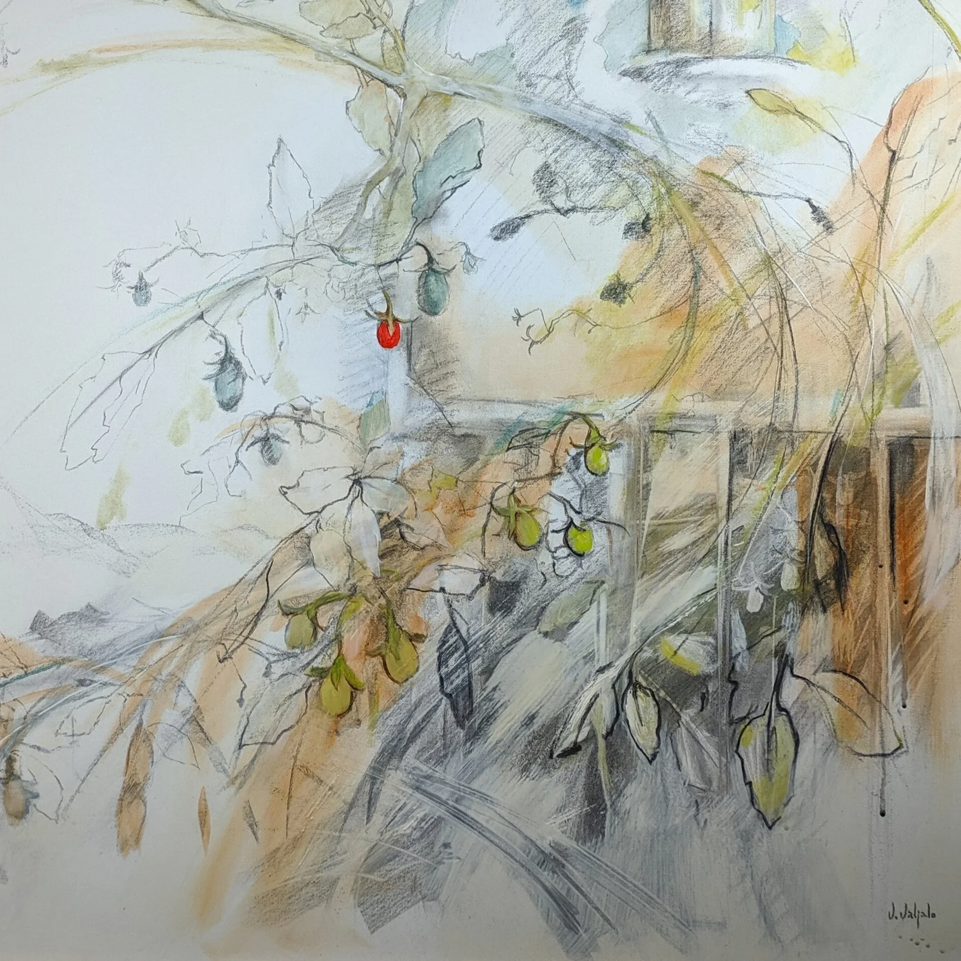 Fine branches, pale leaves and small red and green hanging forms across a light grey and ochre ground.