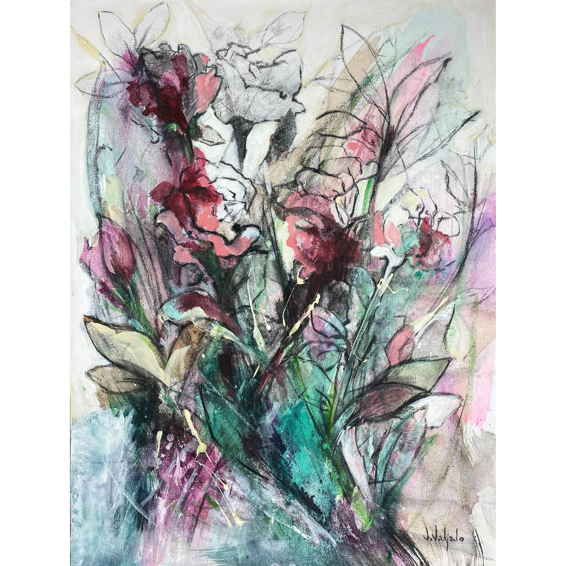 Red and pink flowers, dark stems and green leaves layered over turquoise and pale washes.