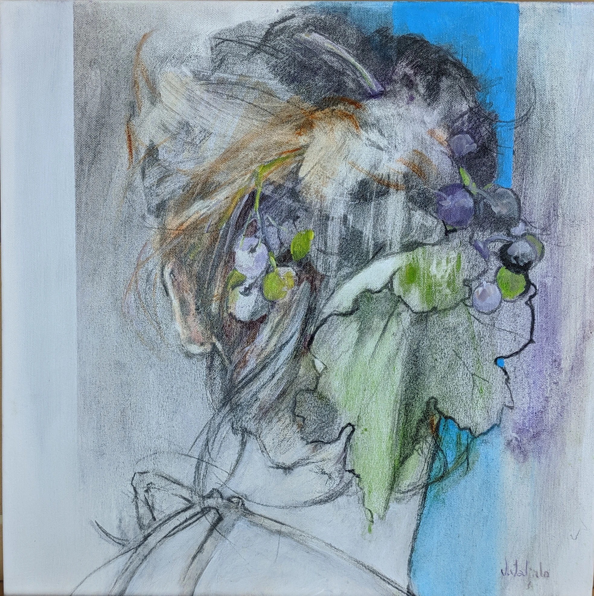 A woman seen from behind, with green leaves and drawn flower shapes layered over her hair.