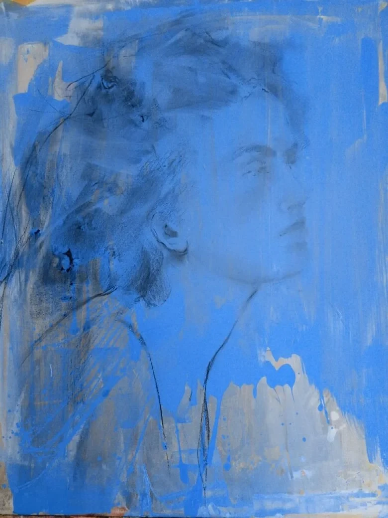 A woman in right profile emerging from a vivid blue ground with loose drawn marks.