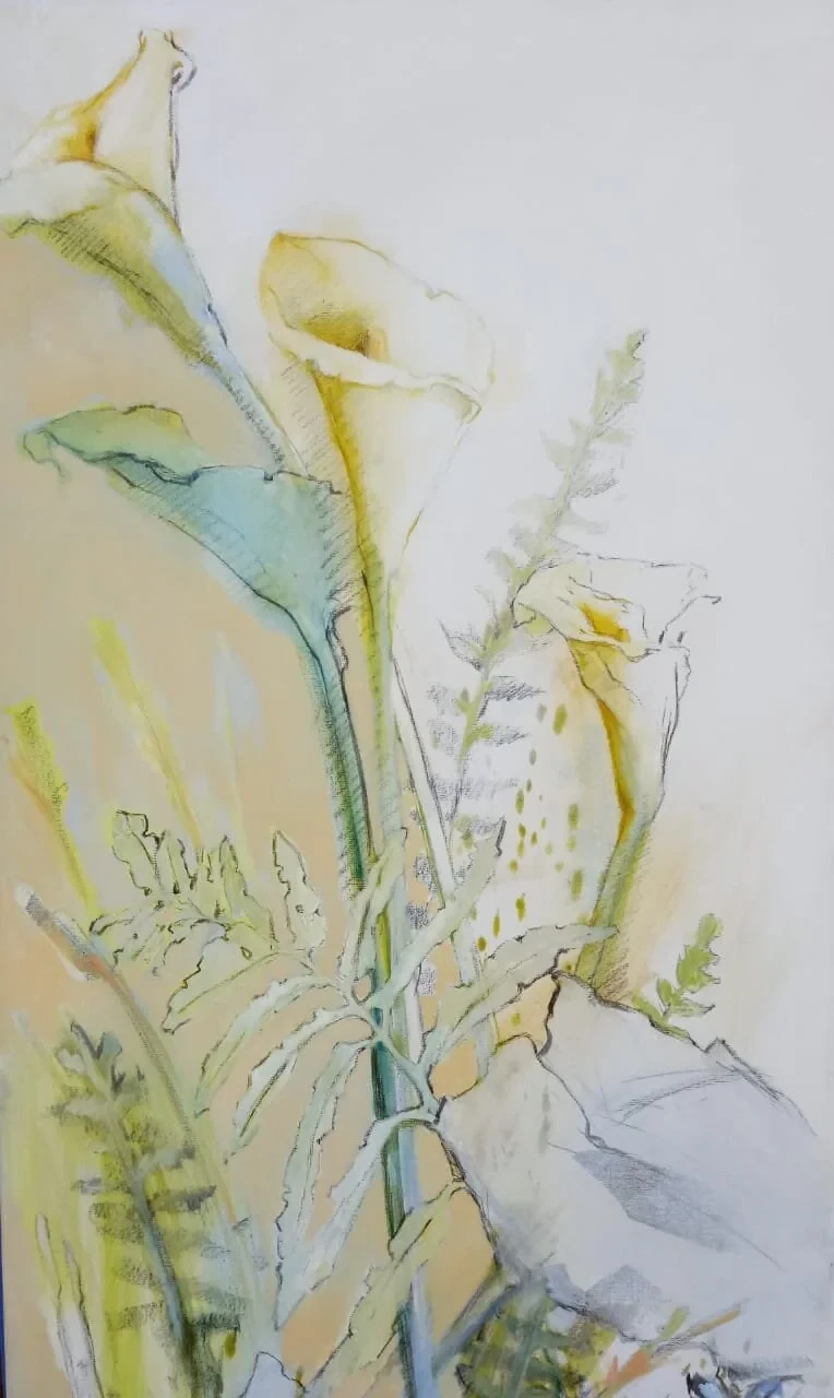 A tall composition of fine green stems and pale flowers on a soft yellow ground.
