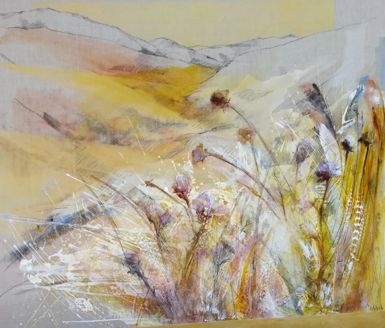 Thin flowering stems in front of sweeping ochre, pink and grey horizontal bands.